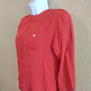 Liz Claiborne Collection Women's Petites Logo Shirt Button Back Padded Shoulders